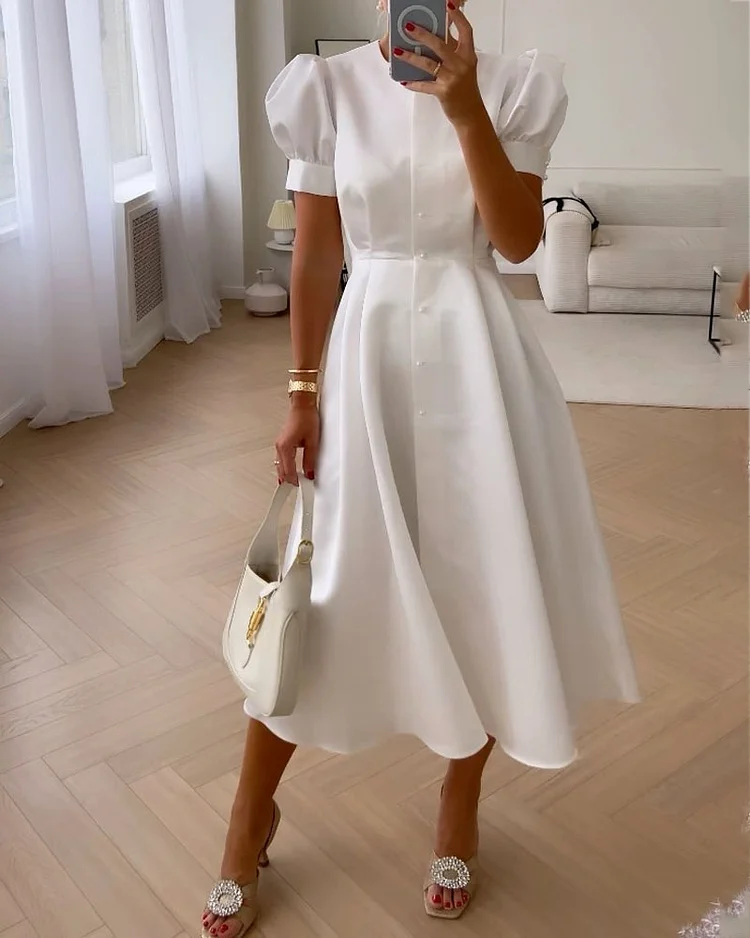 Elegant Solid Color Short Sleeve Dress