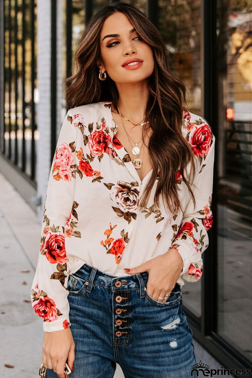 Beige Floral Print V Neck Button Down Blouse
