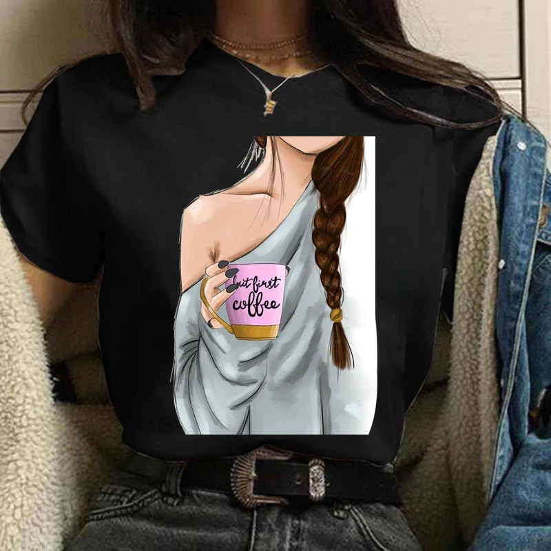 Coffee Girl Casual Women's T-shirt New Black Girl's Top Round Neck Y2K Harajuku 90S Fashion Short Sleeve Clothes,Drop Ship