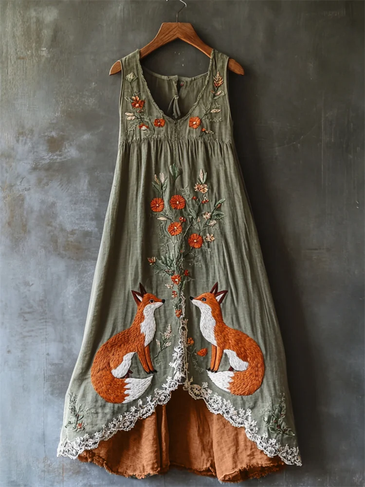 Vintage Fox Floral Embroidered Lace Layered Linen Dress