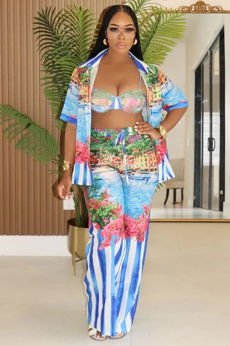 Scene Print Short Sleeve Blouse Bra Top Pants Vacay 3pcs Set-Blue [Pre Order]