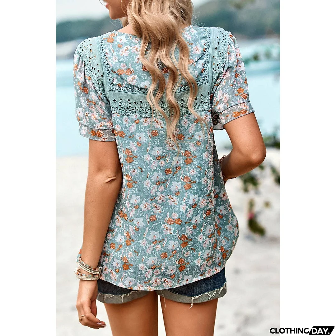 Floral Lace Round Neck Ruffle Loose Fit Top
