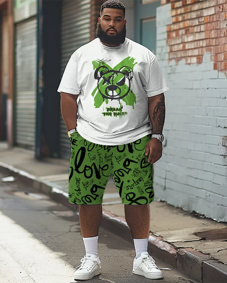 Men's Plus Size Hip Hop Style Bear Print T-Shirt Shorts Suit