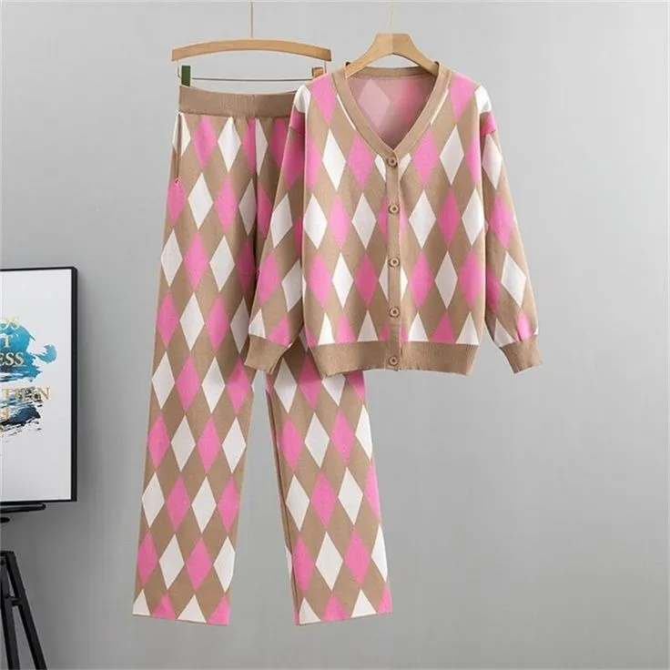 Fresh Pink Print V-Neck Two Piece Set