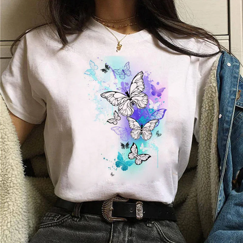 Women Red and Black Butterfly Fashion T Shirt Girl Harajuku Korean Style Graphic Tops Valentine's Day Female T-shirt,Drop Ship