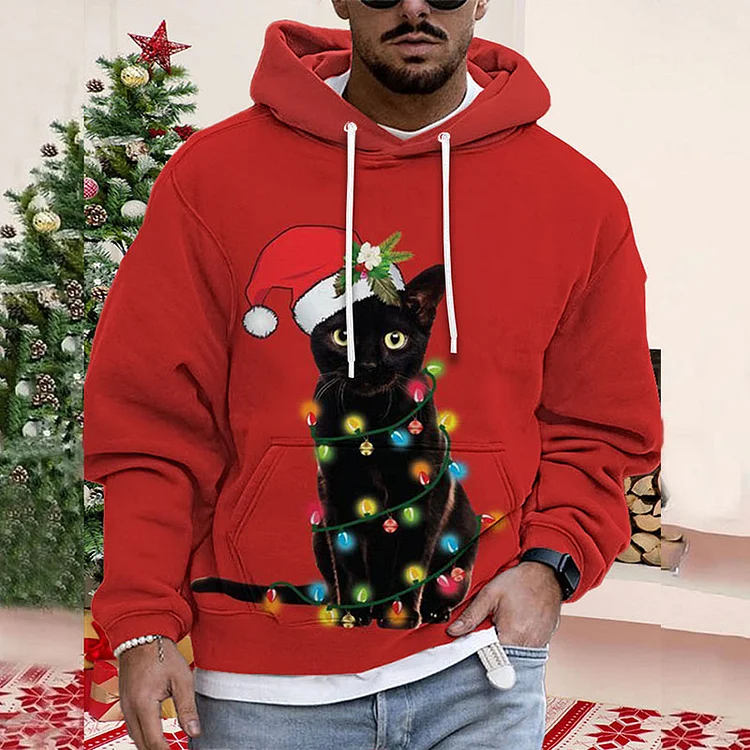 Casual Cartoon Cat Utility Pocket Long Sleeve Pullover Hoodie
