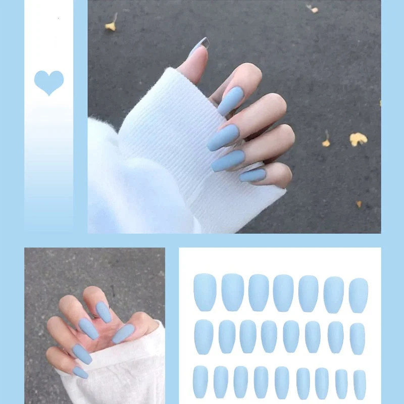 24pcs/box Full Cover fake Press on Nails Matte Yellow Pure Acrylic Frosted Ballerina acrylic for nails for Women free shipping-Nail Inspo