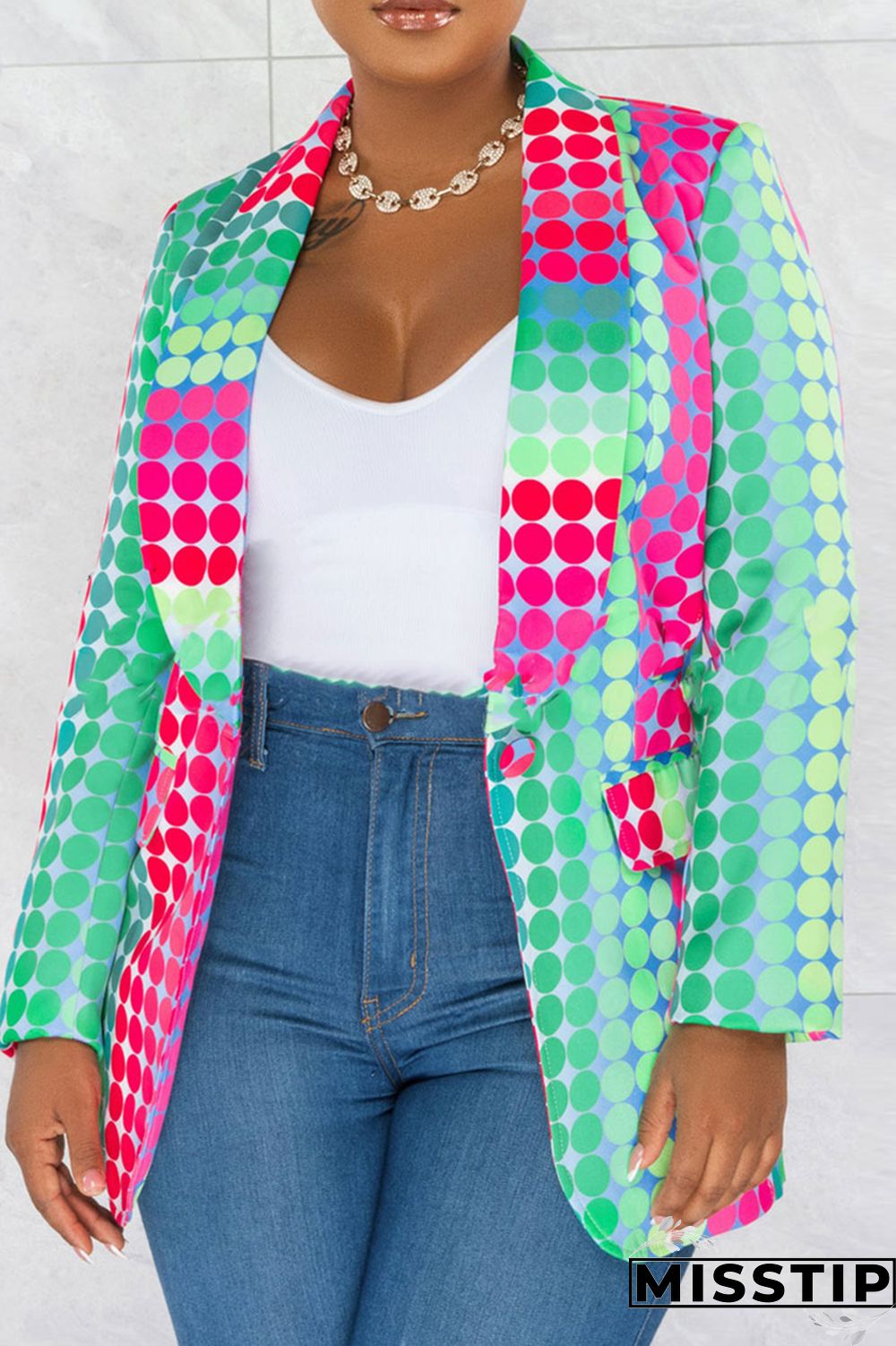 Green Fashion Casual Print Patchwork Cardigan Turn-back Collar Outerwear