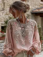 Women's Floral Embroidered Art Round Neck Linen Blend Blouse