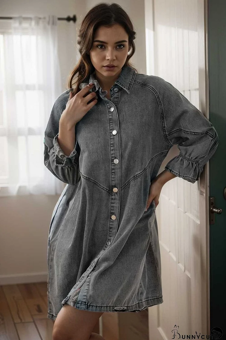 down loose short sleeve denim jean dress drop shoulder a line paneled peasant closed bateau v neck dress
