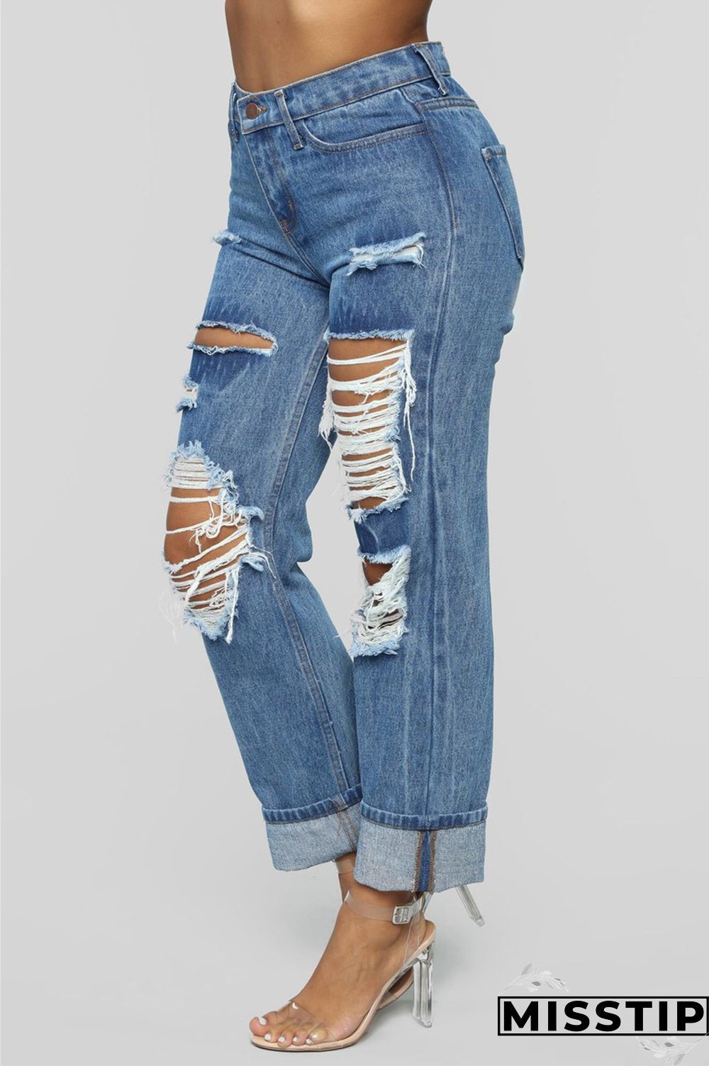 Light Blue Fashion Casual Solid Broken Hole Straight Jeans