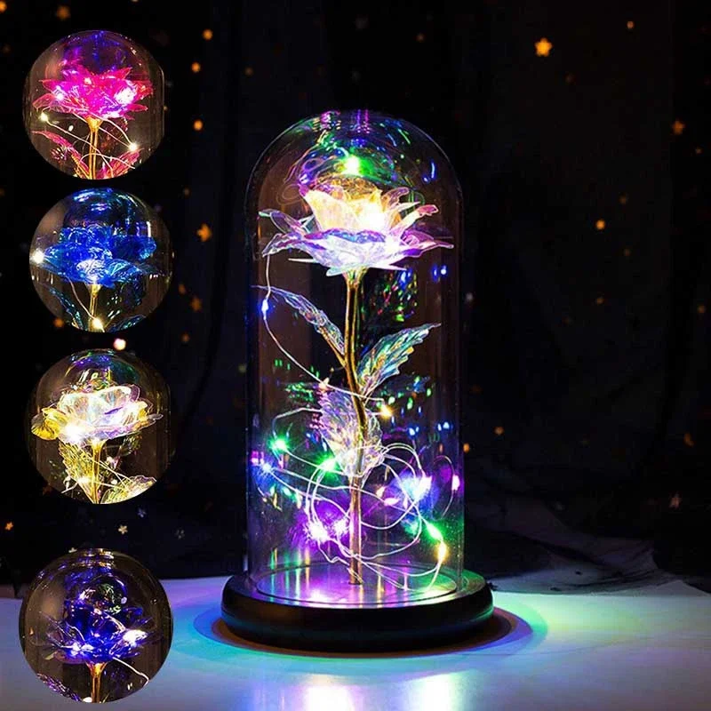 Galaxy Rose Eternal 24K Gold Foil Rose Flowers In Glass Dome With Warm Led Light String For Wedding Decor Valentine'S Day Fashion Accessorise