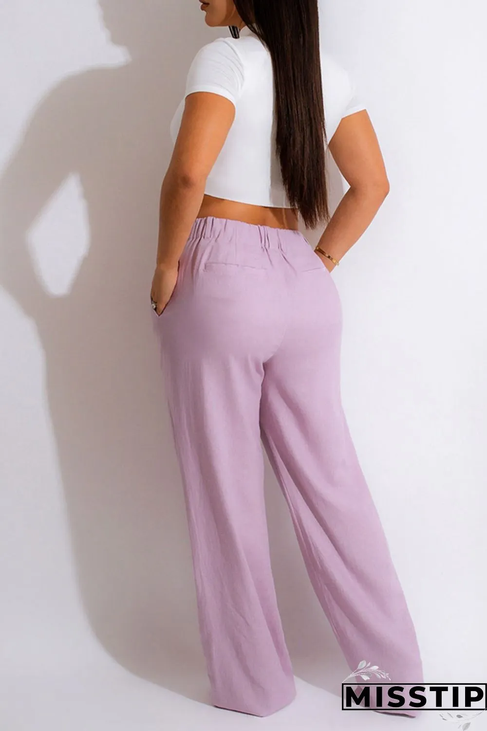 Purple Casual Solid Patchwork High Waist Straight Solid Color Bottoms