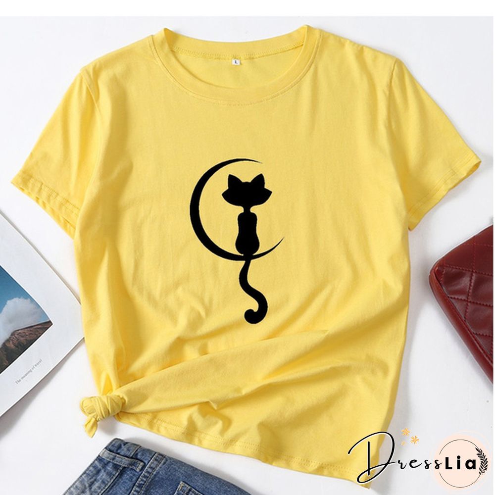 Women Fashion Cat Print T-shirt Summer Casual Short Sleeve Tee Shirt Ladies Round Neck Loose T-shirt
