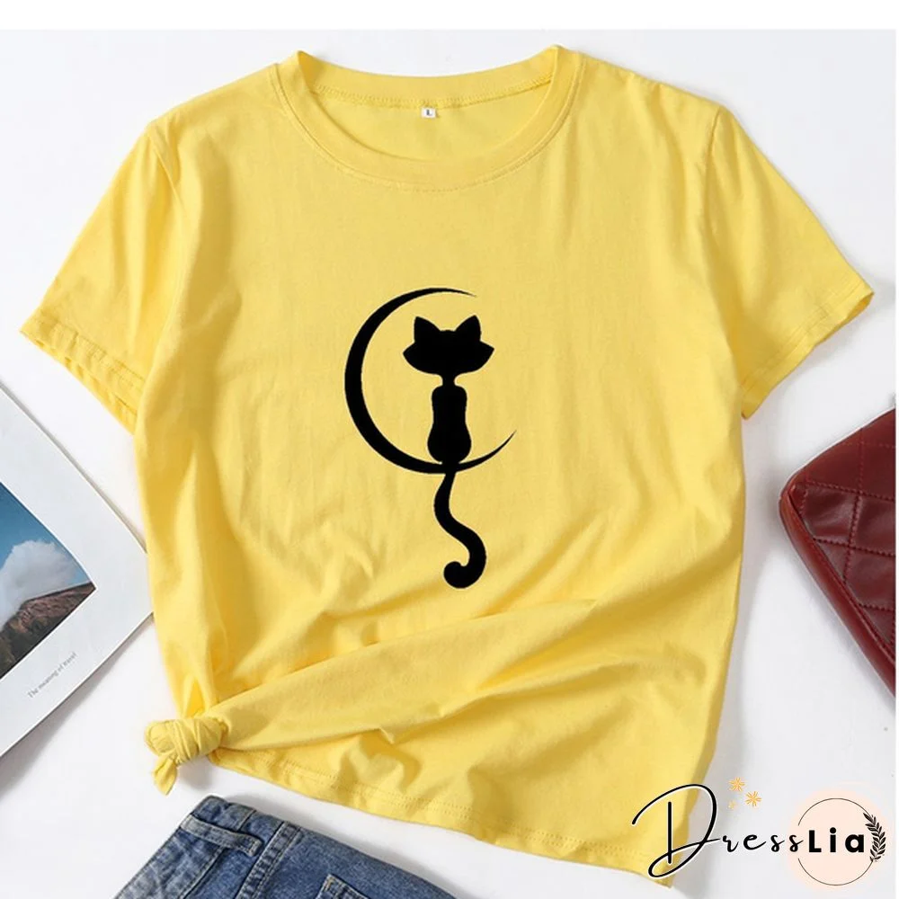 Women Fashion Cat Print T-shirt Summer Casual Short Sleeve Tee Shirt Ladies Round Neck Loose T-shirt