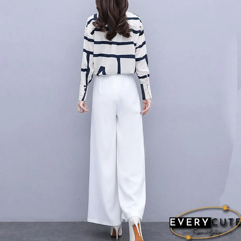Autumn Fashion Office Two Piece Set Outfits Women Striped Chiffon Shirt Wide Leg Pants