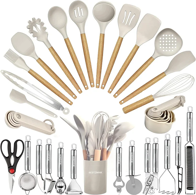 Juego de utensilios de cocina, 35 utensilios de cocina con rallador, pinzas, cuchara espátula y volteador, hecho de silicona resistente al calor de grado alimenticio y asas de madera, juego de herramientas de cocina para utensilios de cocina antiadherente