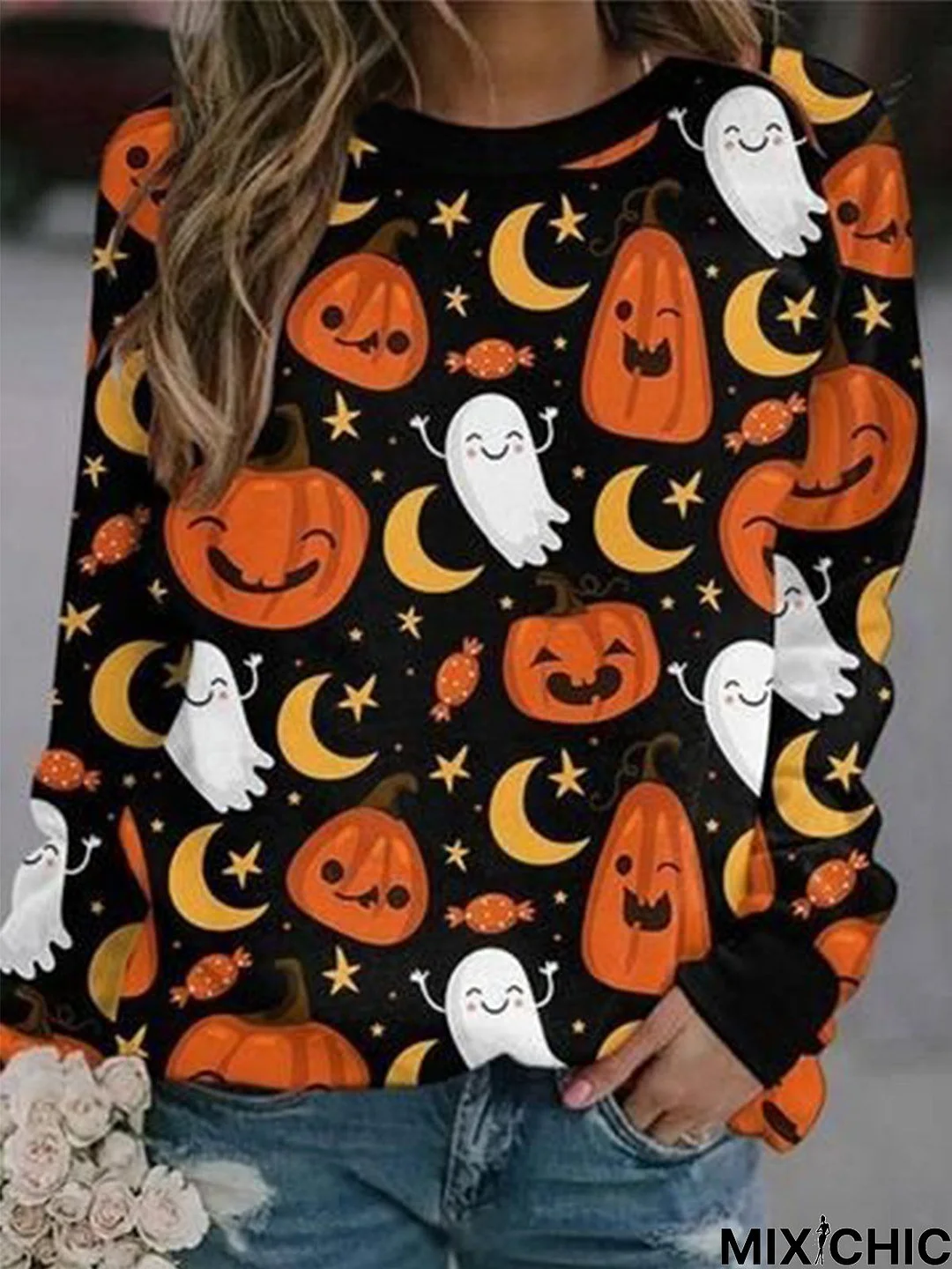 Halloween Casual Printed Loosen Crew Neck Sweatshirt