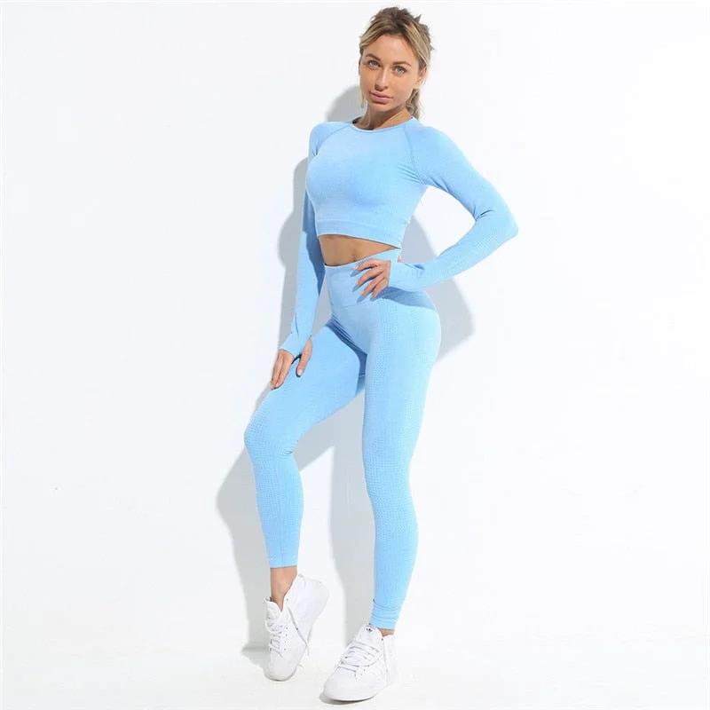 Yvlvol elasticity sportswear high waist running fitness 2pieces set tracksuit women knitting Ttops +pants women