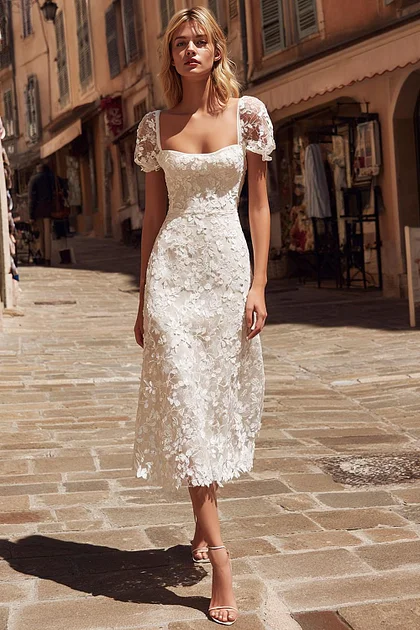 Ivory Square Neck Satin Short Bridal Shower Dress with Lace