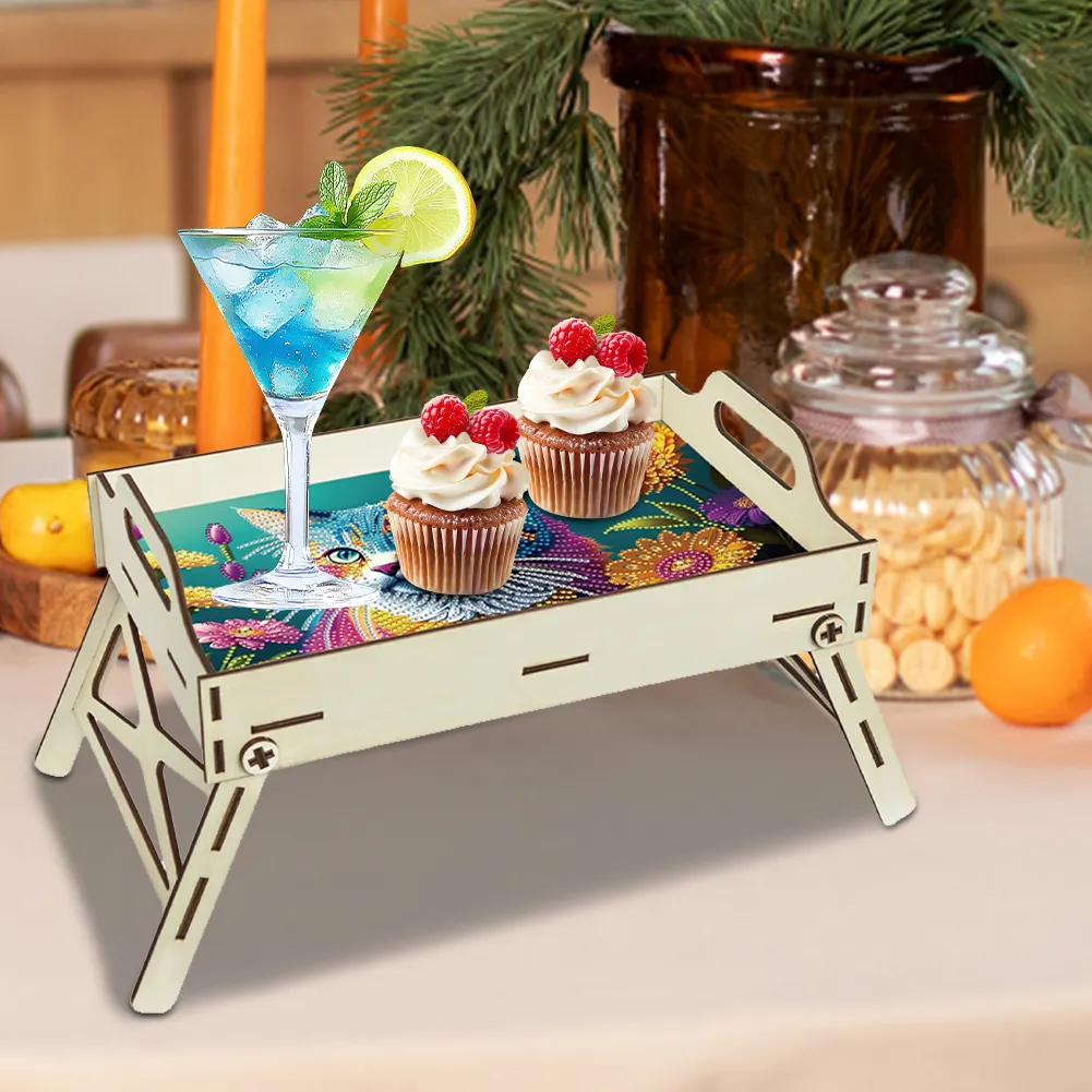 5D DIY Sunflower-Kitten Diamond Painting Serving Tray with Handle for Home Decor