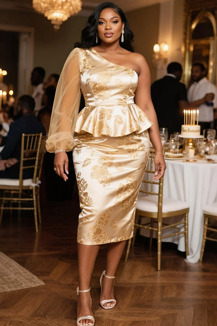 Xpluswear Design Plus Size Birthday Champagne All Over Print Oblique Collar Lantern Sleeve Long Sleeve Peplum Elegant Bodycon Tulle Satin Two Piece Skirt Sets [Pre-Order] 2024 - Xpluswear
