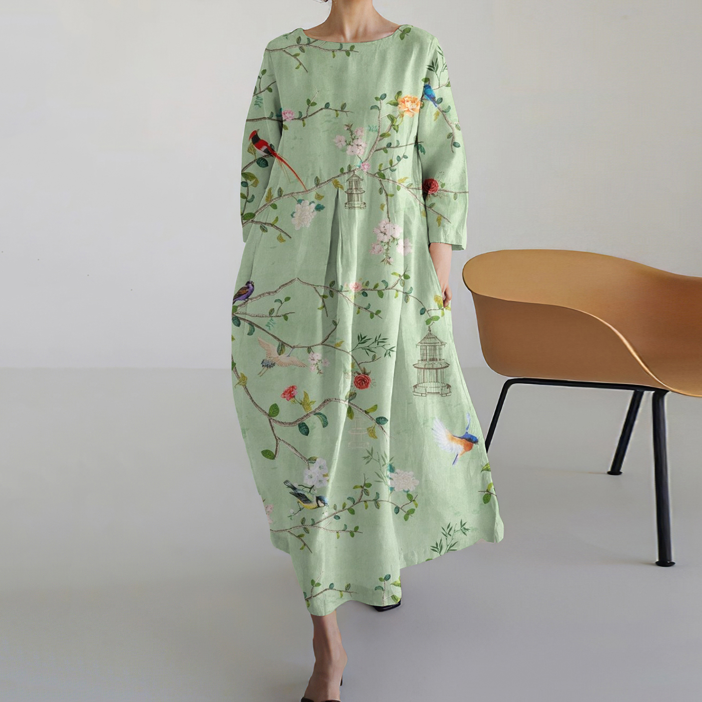 Comstylish Women's Vintage Floral & Bird Art Print Midi Dress