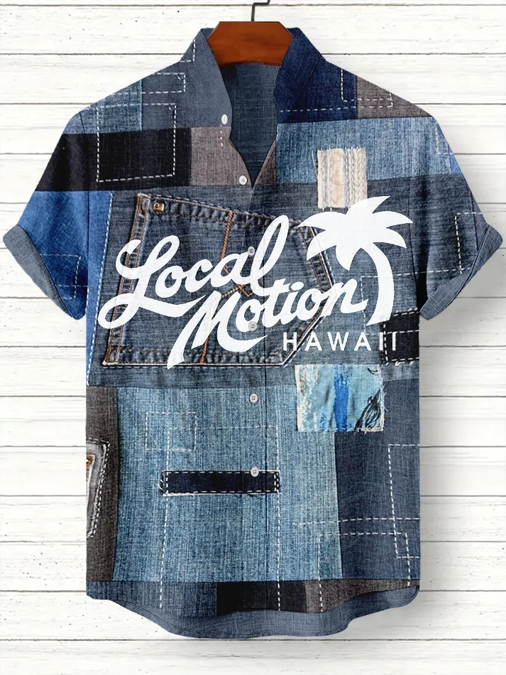 Men's Local Motion Hawaii Denim Patchwork Tie-Dye Art Print Casual Shirt