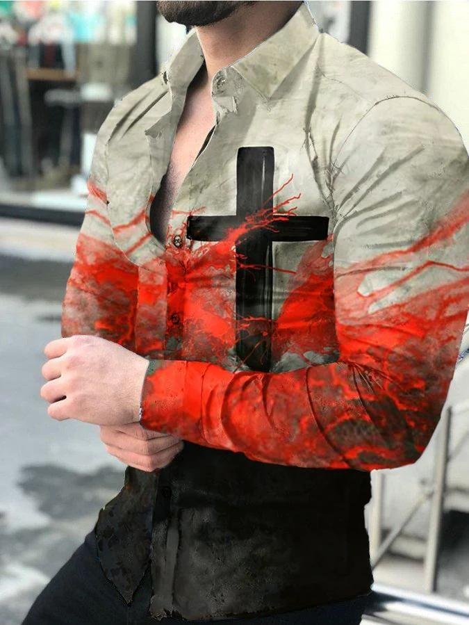 Cross print lapel collar long sleeve shirt