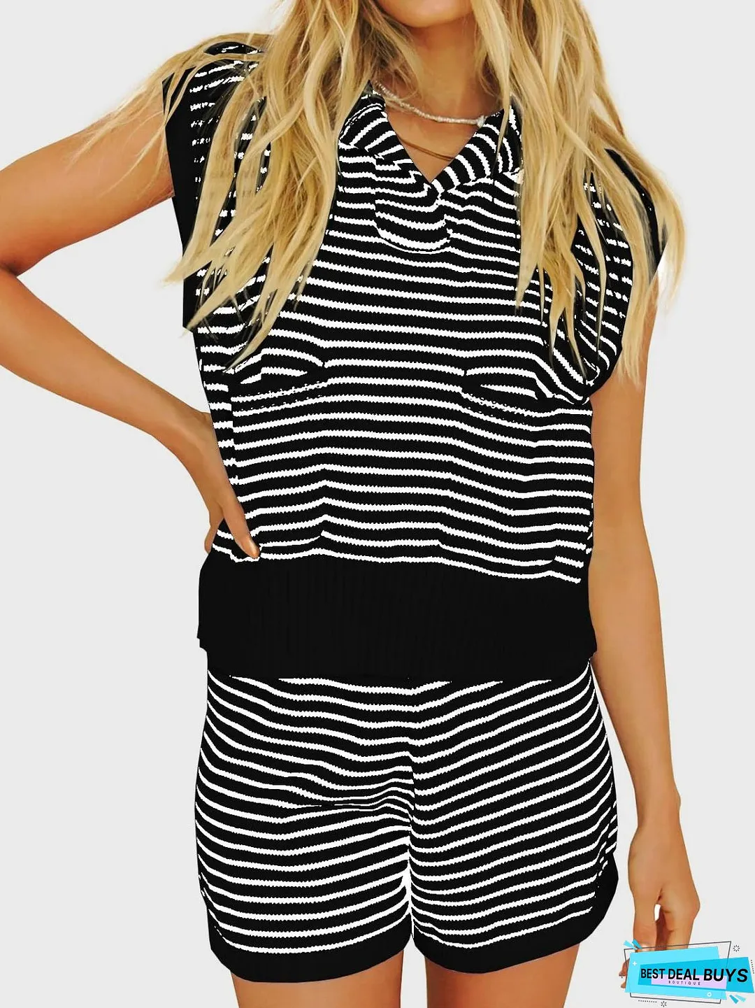 Striped Cap Sleeve Top and Shorts Sweater Set