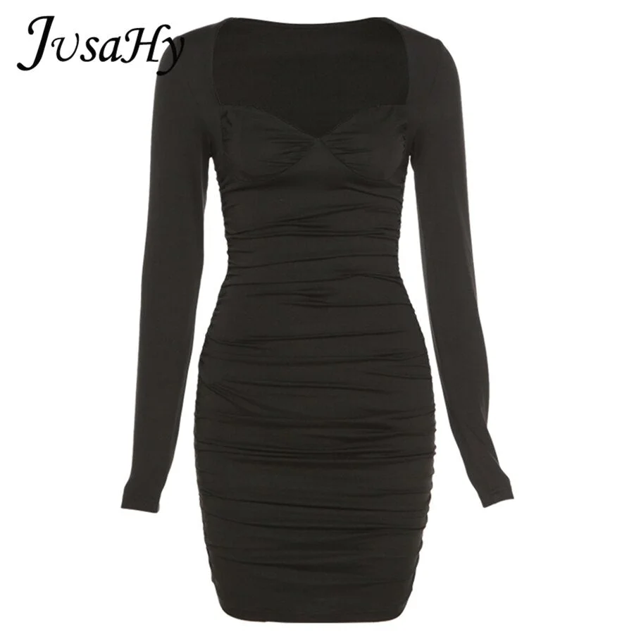JuSaHy Autumn Solid Mini Dress for Women Sexy Cleavage Hipster Long Sleeves Skinny Slim Party Streetwear Female Vestidos New