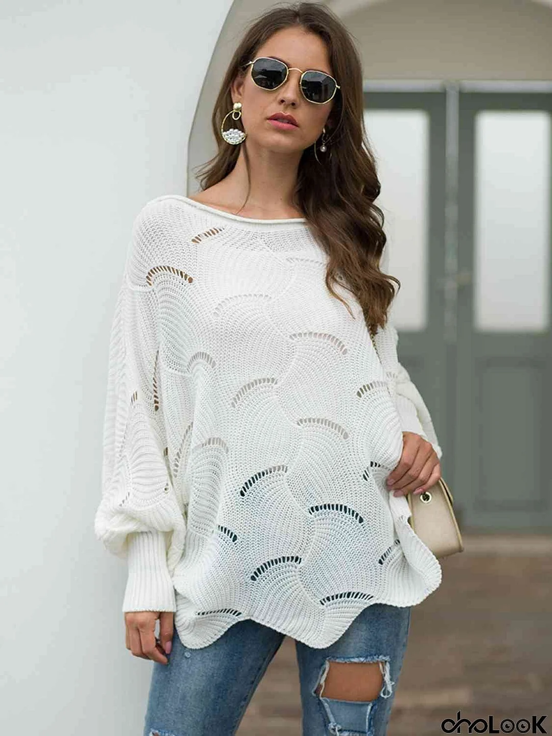 Full Size Boat Neck Lantern Sleeve Openwork Knit Top