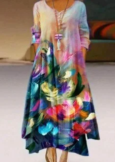 Women Clothes Spring Summer 2022 Plus Size 5xl Elegant Flowers Print   Long Sleeve Vintage Asymmetrical Hem Casual Loose Dress