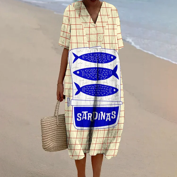 Women's Plaid Fish Art Print Flowy Linen Dress