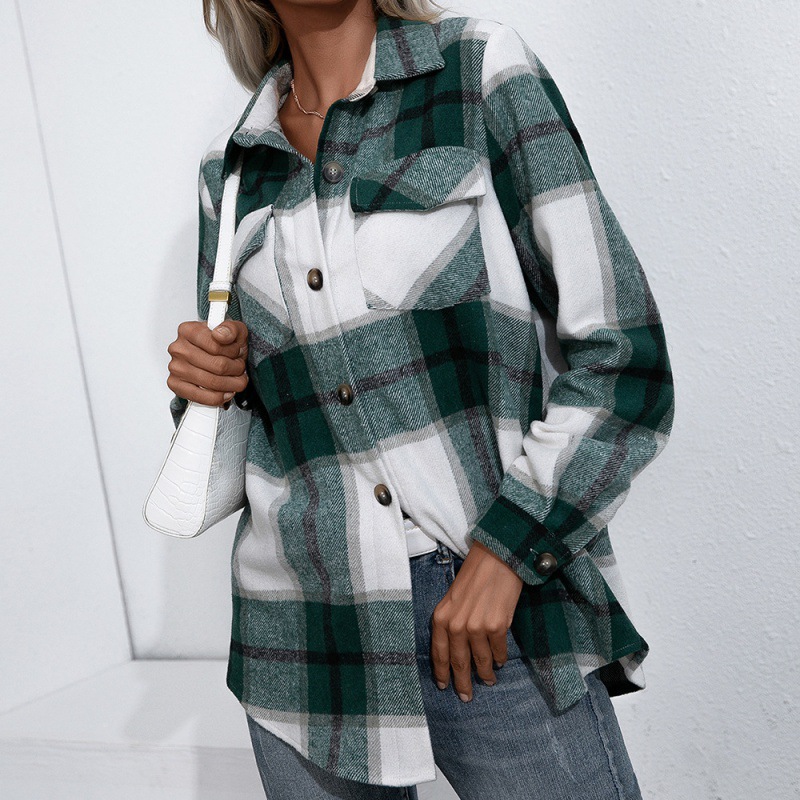 Mature Women Cashmere Plaid Top Loose Casual Shirt Jacket