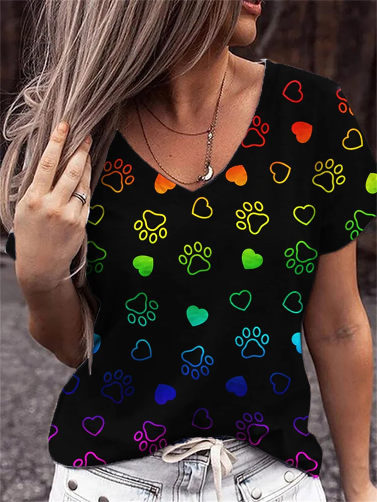 Rainbow Gradient Paw Prints & Hearts V Neck T Shirt