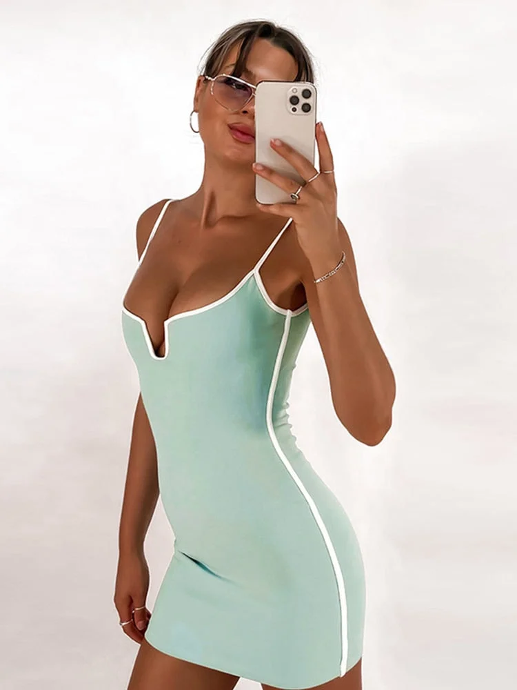 Tawnie Sexy Spaghetti Straps Bodycon Mini Dress Women Y2K Sexy Elegant Sleeveless Backless Party Dresses Patchwork 2022 Summer