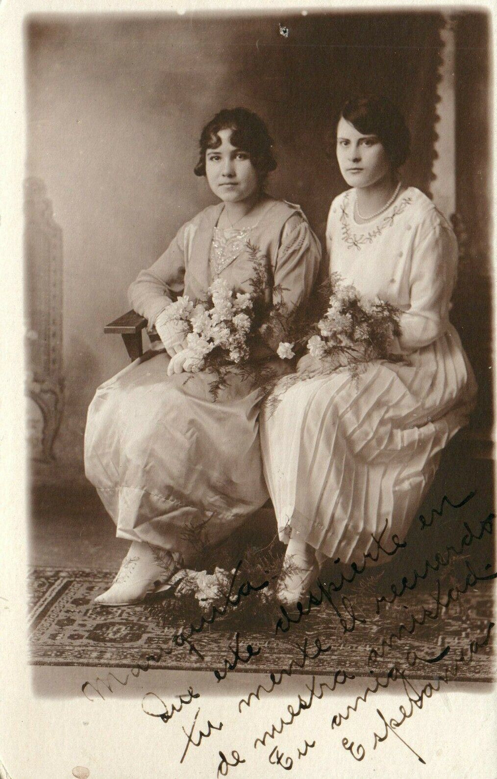 Antique Young Beautiful Girls with Flowers Posing RPPC Real Photo Poster painting Postcard