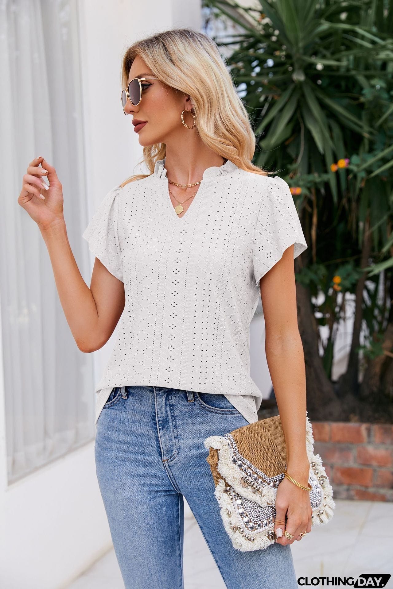 Notched Neck Puff Sleeve Blouse