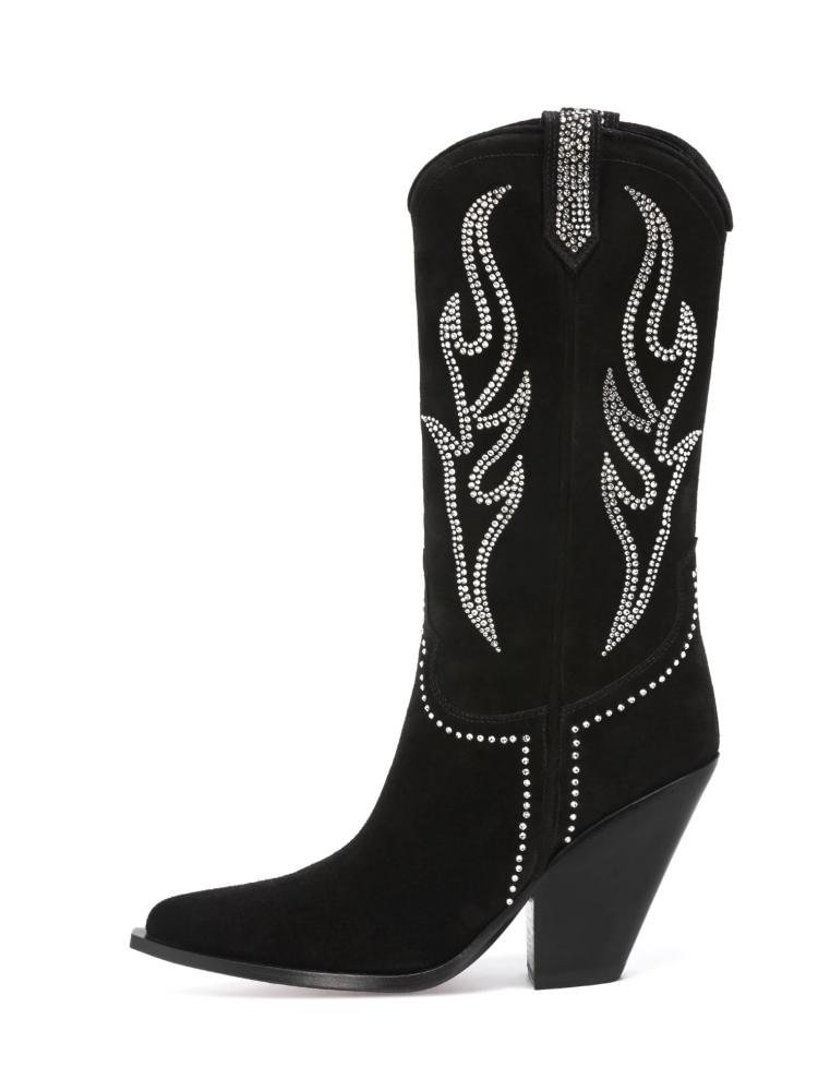 Crystals Flame Pattern Chunky Heel Western Mid Calf Boots