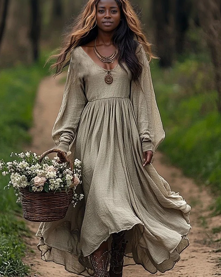 Cotton and Linen V-neck High Waist Casual Dress