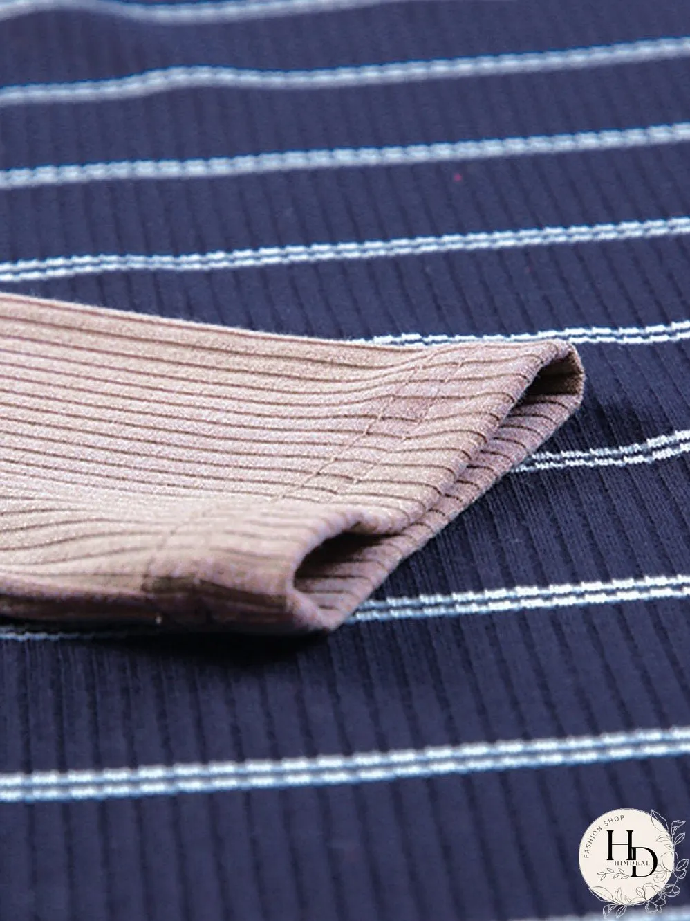 Blue Striped Rib Knit Pullover with Color Block Cuffs