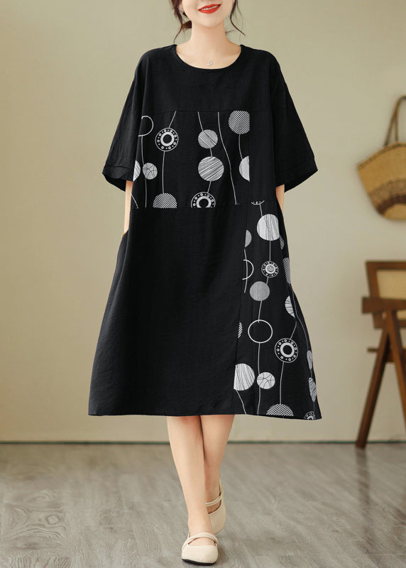 VCSHOES Loose Black O-Neck Print Holiday Long Dress Short Sleeve