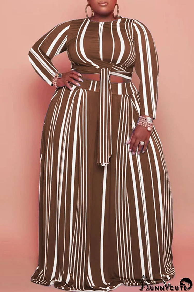 Coffee Casual Striped Print Bandage Patchwork O Neck Long Sleeve Two Pieces