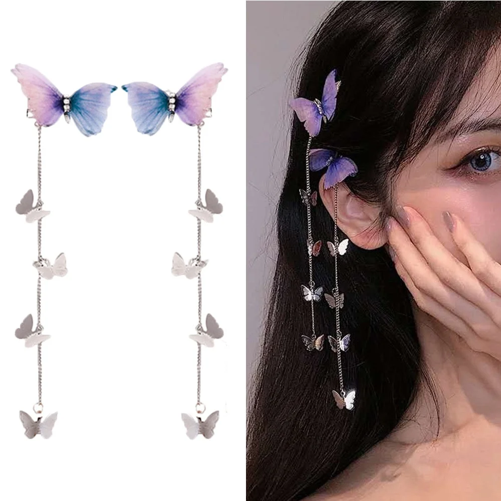 Korean Yarn Elegant Metal Tassel Long Hair Clips Butterfly Hairpins SP16686