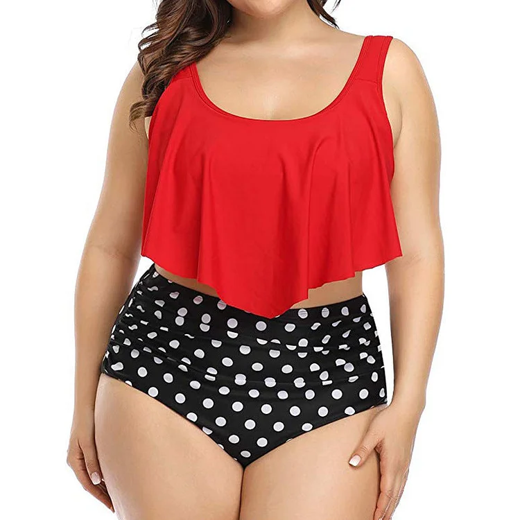 Women Plus Size Swimwear Tankinis Bikini Print Flounced High Waist Swimsuit