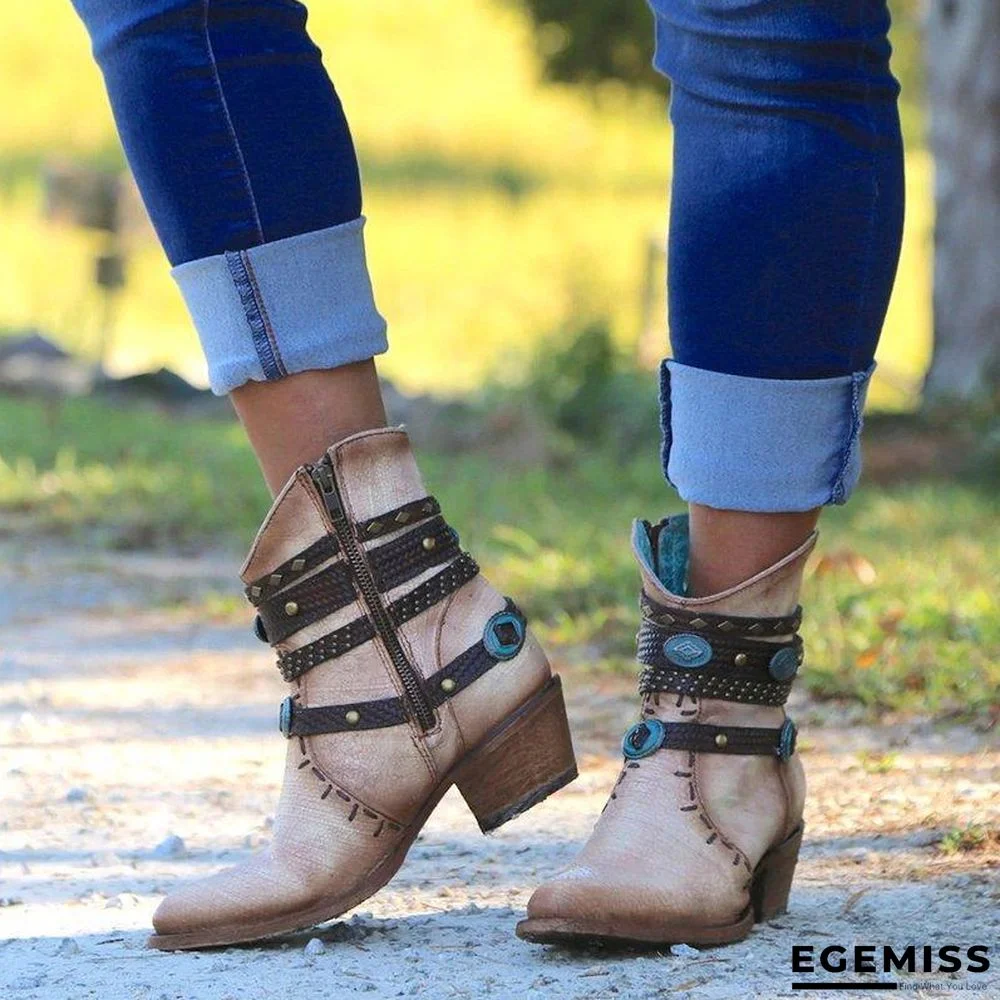 Faux Leather Chain Chunky Heel Boots | EGEMISS