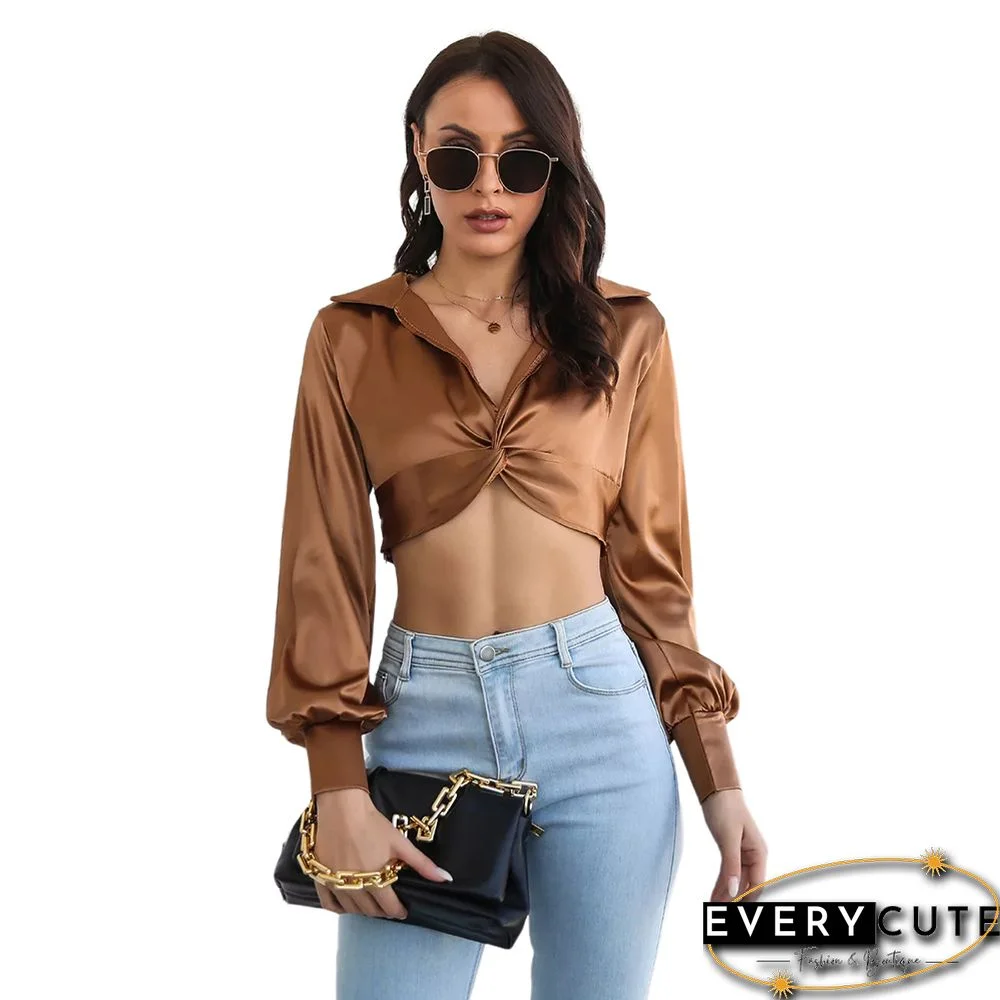 Brown V Neck Lantern Sleeve Crop Top