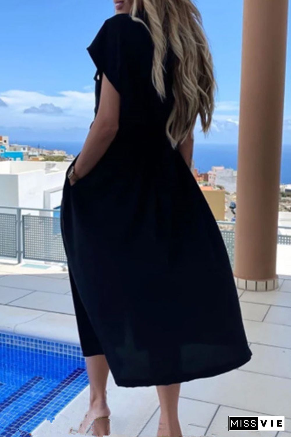 Fashion Elegant Solid Frenulum Buckle POLO collar A Line Dresses(3 colors)