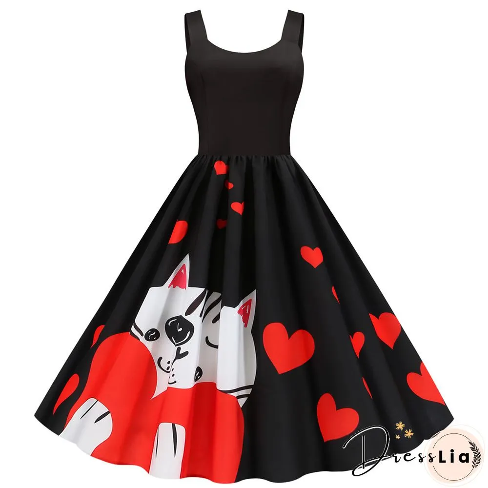 Sweet Heart Print Swing Vintage Women Summer Dress Sexy Halter Retro Rockabilly Rave Party